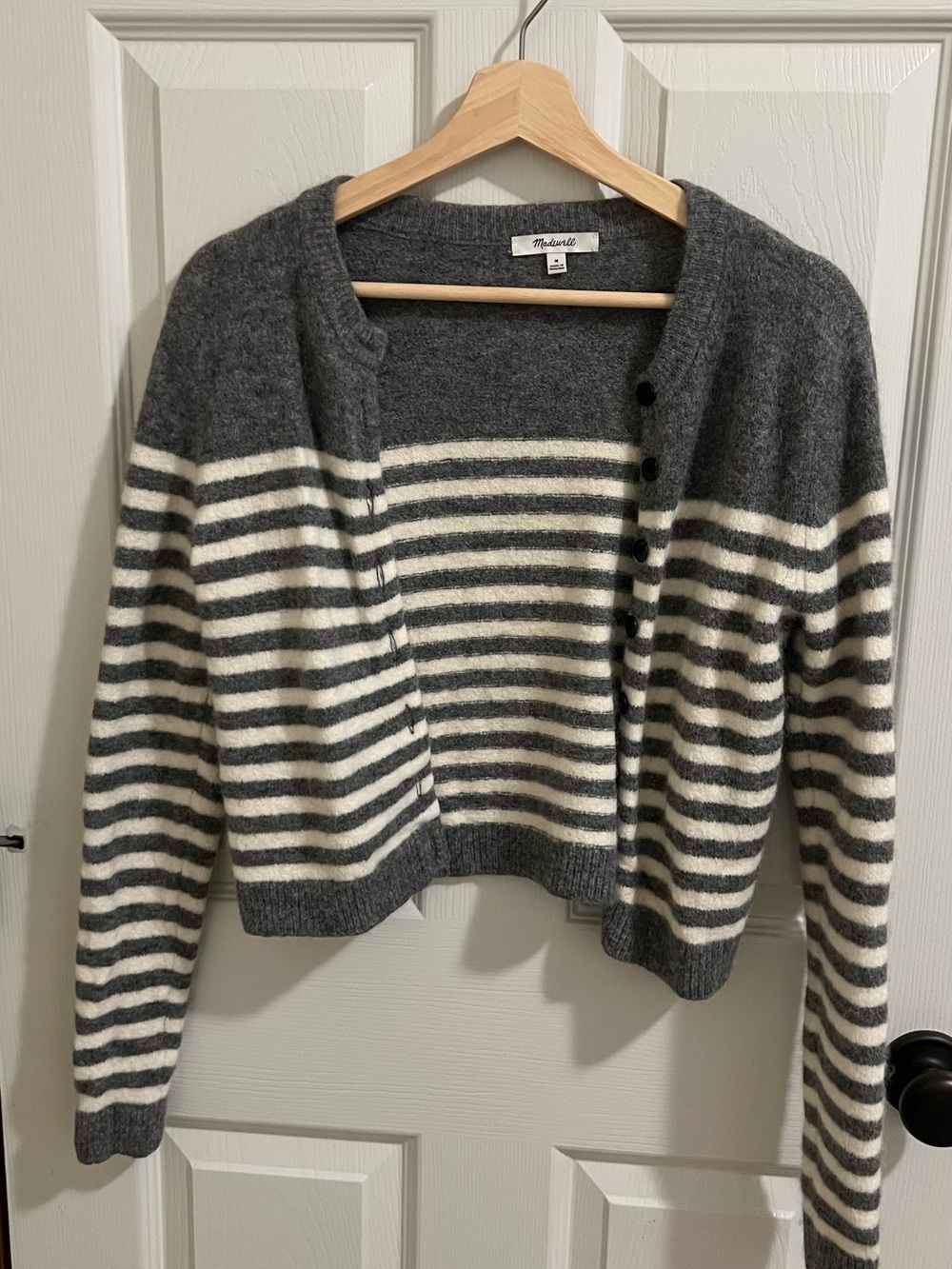 Madewell Gray and Cream Striped Wool-Blend Cardigan